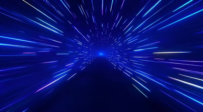 Abstract hyper space jump with glowing light speed lines in dark blue space