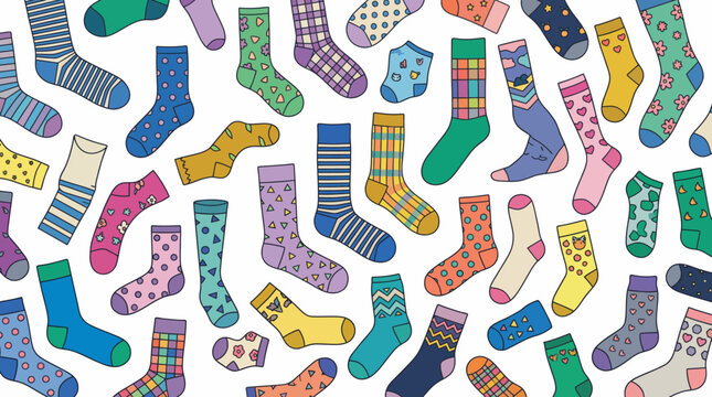 Colorful assortment of patterned socks scattered on a white background, vibrant fashion hosiery collage for textile design, branding, and lifestyle imagery.