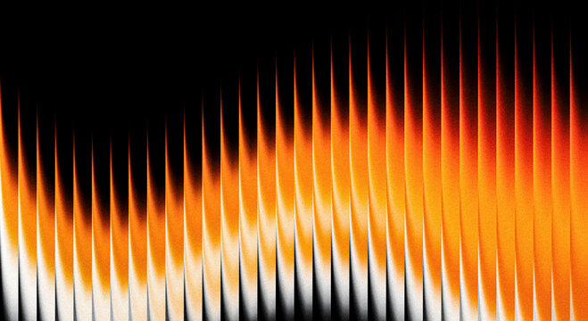 Abstract orange and white sound wave visualization with digital audio spectrum bars on black background