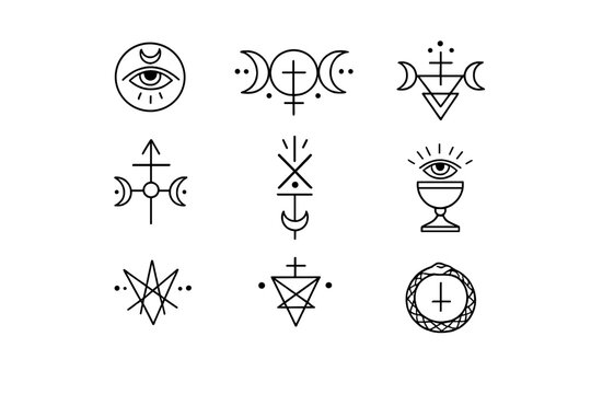 Mystical Occult Symbols Icons Set &ndash; Esoteric Moon Eye Cross Alchemy Line Art Vector