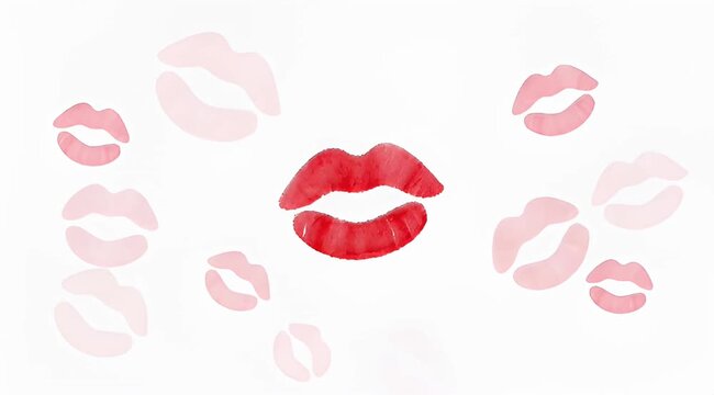 Whimsical pattern of watercolor kisses in red and pink hues on white