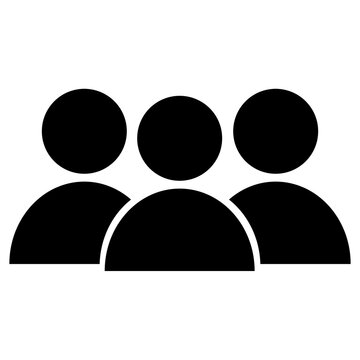 Team or group icon, three solid black user silhouettes representing community and collaboration, minimalist UI element vector illustration