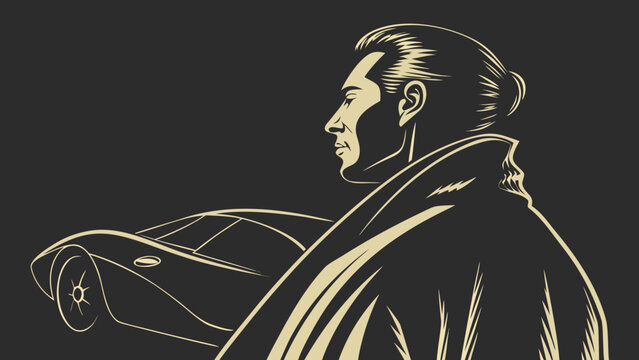 Stylish Man with Sports Car in Dark Setting.