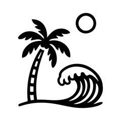 Logo agencia de viajes. Vacaciones de verano. Dibujo sencillo con líneas de un paisaje con la palma, sol y ola de mar © teracreonte