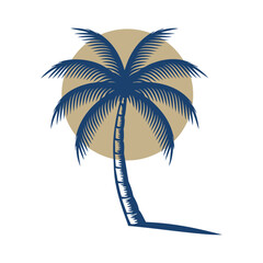 Logo agencia de viajes. Vacaciones de verano. Dibujo sencillo con líneas de un paisaje con la palma con sombra con un círculo  © teracreonte