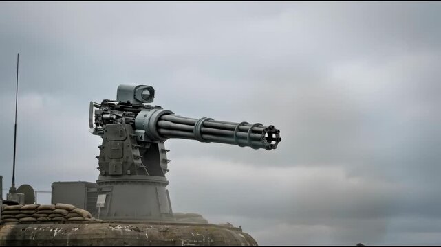 Naval Automatic Minigun Firing with Smoke Plumes Against Overcast Sky, Heavy Caliber Weapon on Military Coastal Emplacement