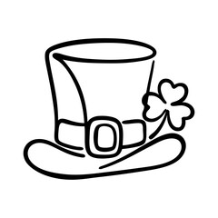 Día de San Patricio. Logo con dibujo de línea continua de sombrero de leprechaun con trébol de tres hojas para felicitaciones y tarjetas © teracreonte