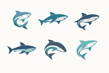 Shark Logo Vector Icons Set &ndash; Minimalist Blue Teal Dynamic Swimming Silhouettes