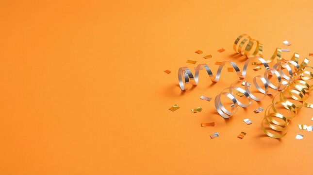 Sparkling metallic golden and silver party streamers with confetti scattered on a vibrant orange background, creating a festive atmosphere for joyful celebrations and events, with generous copy space