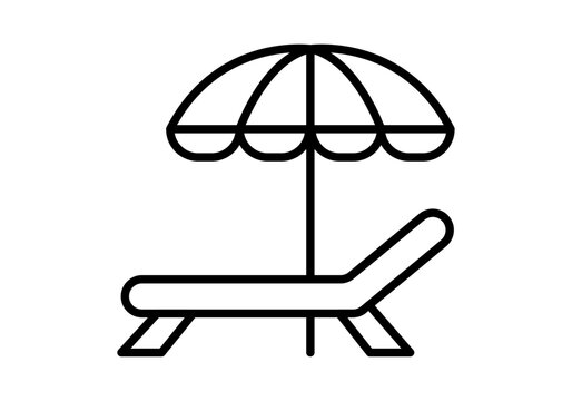 Icono de tumbona de playa con sombrilla abierta en estilo lineal negro 