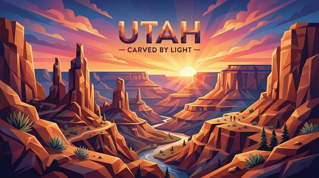 Modern canyon-inspired illustration of Utah with dramatic rock formations and glowing sky gradient, clean geometry, lettering &ldquo;Utah &mdash; Carved by Light&rdquo;