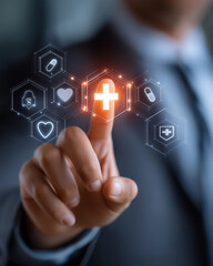 Obraz premium Digital Healthcare: A close-up shot of a hand touching a futuristic interface showcasing health and medical icons.