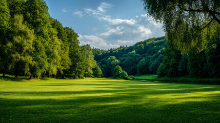 Obraz premium A serene green field surrounded by lush trees under a partly cloudy blue sky