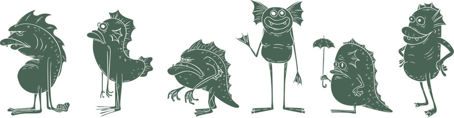 Collection swamp creatures in playful, textured style. Set features diverse lagoon monsters, including blue beast with an umbrella and various fish like characters in monochrome color. Ideal for child © vvvisual