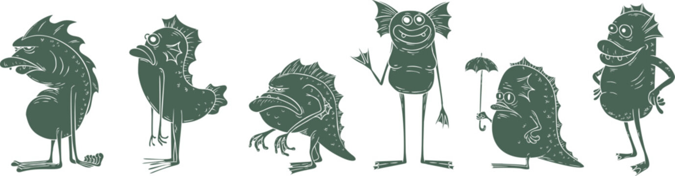 Collection swamp creatures in playful, textured style. Set features diverse lagoon monsters, including blue beast with an umbrella and various fish like characters in monochrome color. Ideal for child