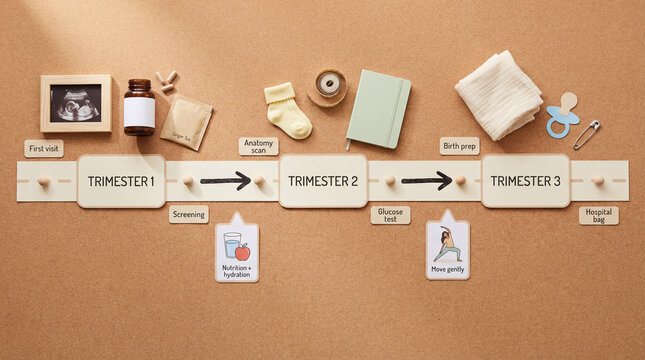 Pregnancy Milestones Timeline Flat Lay Infographic, Mixed Media With Real Objects, Labeled Trimester Roadmap For Prenatal Education.