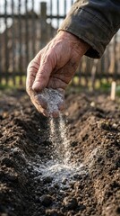 Obraz premium Close-up of a weathered hand sprinkling fertilizer onto freshly tilled soil in a garden, with a wooden fence and greenery visible in the background, showcasing agricultural practices and gardening 