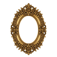 Luxurious golden ornate oval frame with intricate details isolated on transparent background