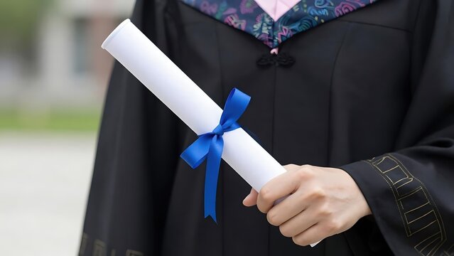 Graduate in Academic Gown Holding a Diploma Scroll Tied with Blue Ribbon &ndash; Symbol of Achievement, Education, and Commencement