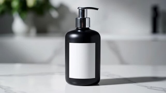 Elegant Black Soap Dispenser on Marble Surface.