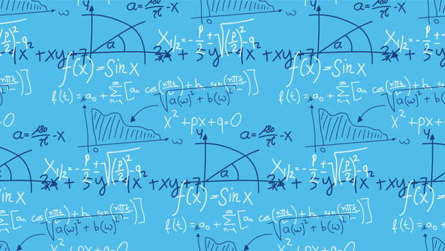 Seamless blue background featuring hand drawn white mathematical formulas and scientific equations for educational designs