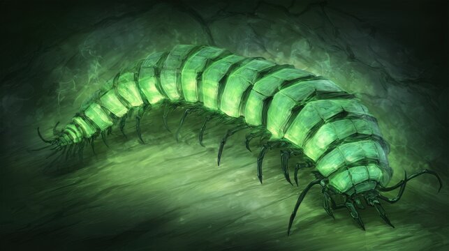 Sleek segmented robotic spine creature glowing with emerald energy in a dark cavern environment