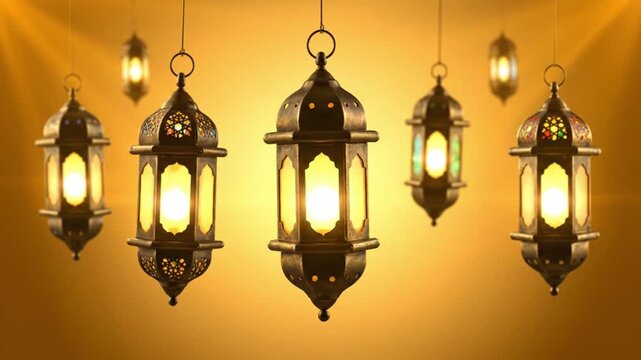 Serene Row of Seven Metallic Lanterns Suspended on a Golden Ceiling, Illuminated by Soft Warm Glow from Above