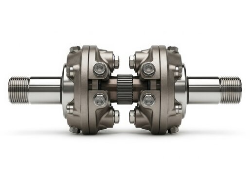 Close-up view of a complex mechanical drive shaft with dual universal joints. isolated on white background