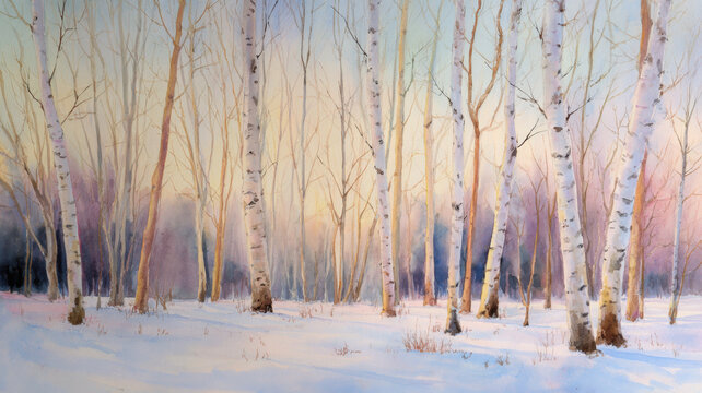 Watercolor Winter Forest with Tall Birch Trees at Sunset