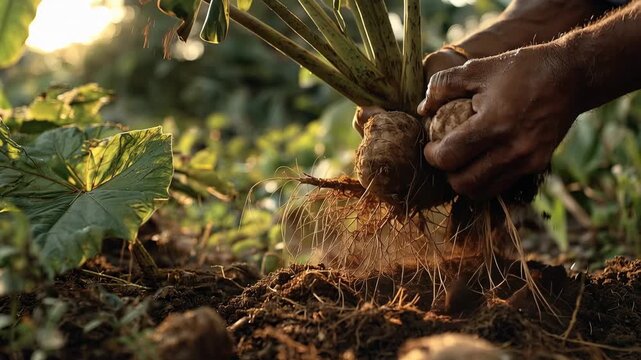 taro harvest close up hands pulling taro root from soil in farm field, taro harvest farming process for fresh root vegetable and sustainable agriculture