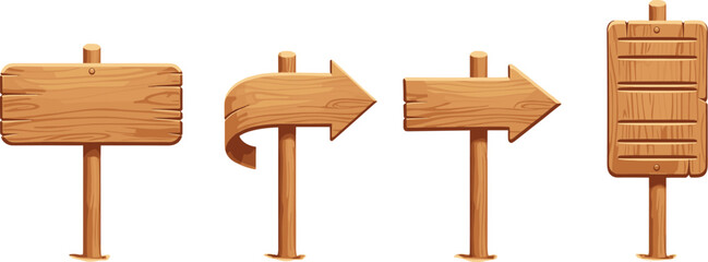 Wooden direction signboards vector set with rustic arrow signs isolated wood pointer illustration