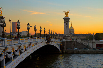 Naklejka premium Bridge of Alexandre III at sunset in Paris, France, retro toned