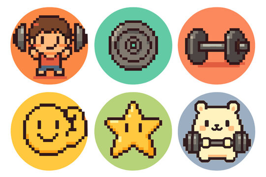 A set of six round icons on coloured backgrounds, themed around fitness, training and motivation, but with a very cute, charming presentation.