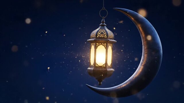 Lantern Illuminates a Crescent Moon over a Starry Night Sky Celebrating a Tranquil Cultural Festival
