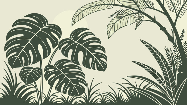 Tropical Jungle Foliage with Monstera Leaves and Palm Trees.