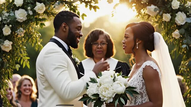 Beautiful Wedding Ceremony with Couple and Officiant.