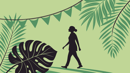 Obraz premium Silhouette of a woman walking through a lush tropical setting with palm leaves and festive bunting.