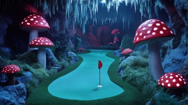 Miniature Golf Course Winding Through a Dark Cave Environment