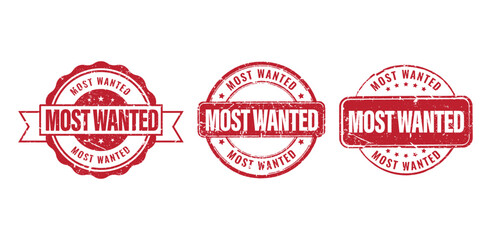 set of three red most wanted rubber stamps with grunge texture for retail marketing promotion © Amir