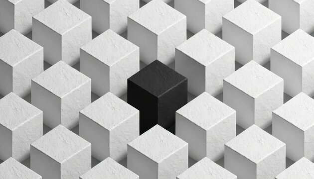 Monochrome concrete cube pattern with a single black cube black sheep concept