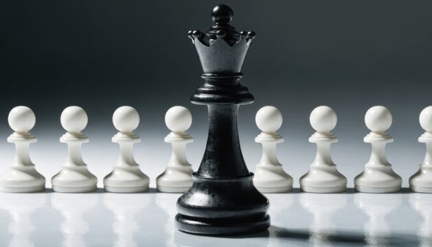 Black king chess piece standing in front of a line of white pawns black sheep concept