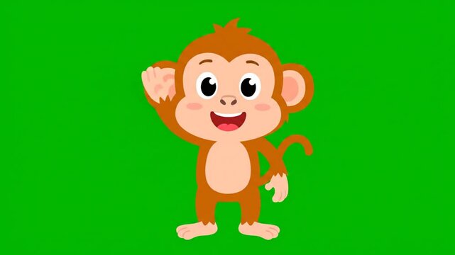 Cute monkey waving hand animated illustration on green screen background