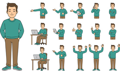 Vector illustration of cartoon man character in multiple poses and expressions, showing activities, gestures, emotions, and professional lifestyle scenes.