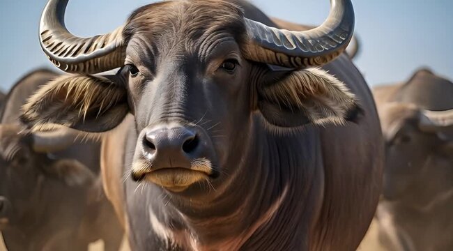 Close-up portrait of a water buffalo herd with large curved horns against a bright sky