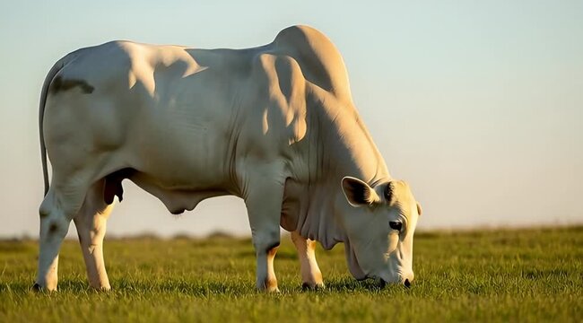 Brahman cattle standing in a grassy field during golden hour with soft sunlight illuminating its musculature