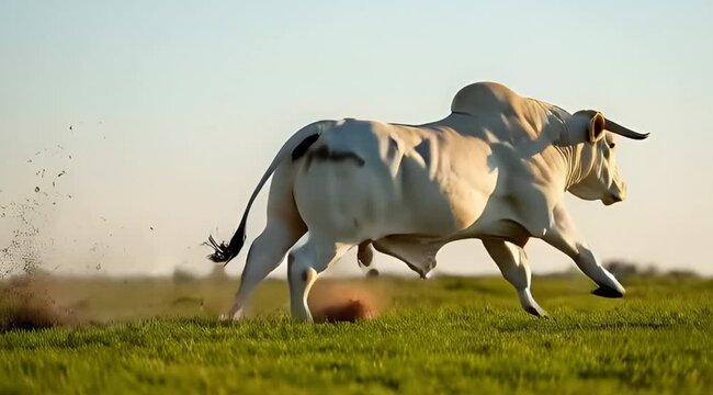 Powerful white bull with hump running across a grassy field at sunset