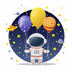 Fototapeta premium Cute astronaut with balloons in space with stars and planets illustration