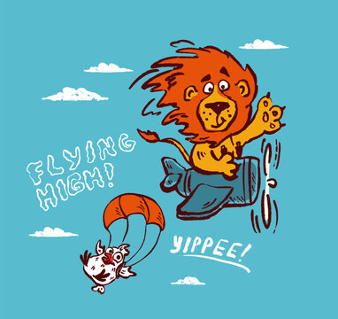 Lion and bird friends flying in airplanes