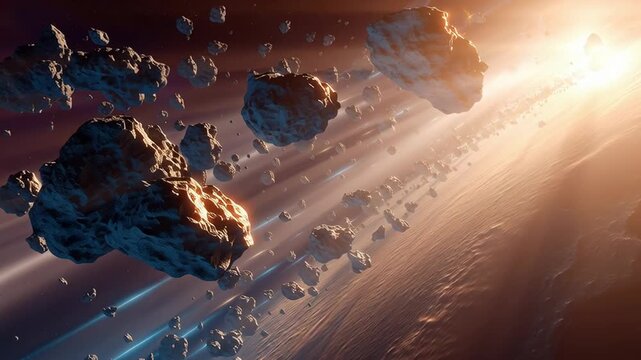 Asteroid field orbiting near a planet at sunrise, dramatic space scene with rocky bodies illuminated by golden stellar light