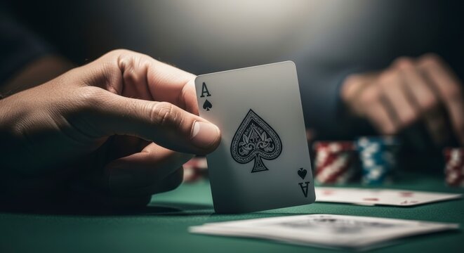 Poker Player Holding Ace of Spades Card.